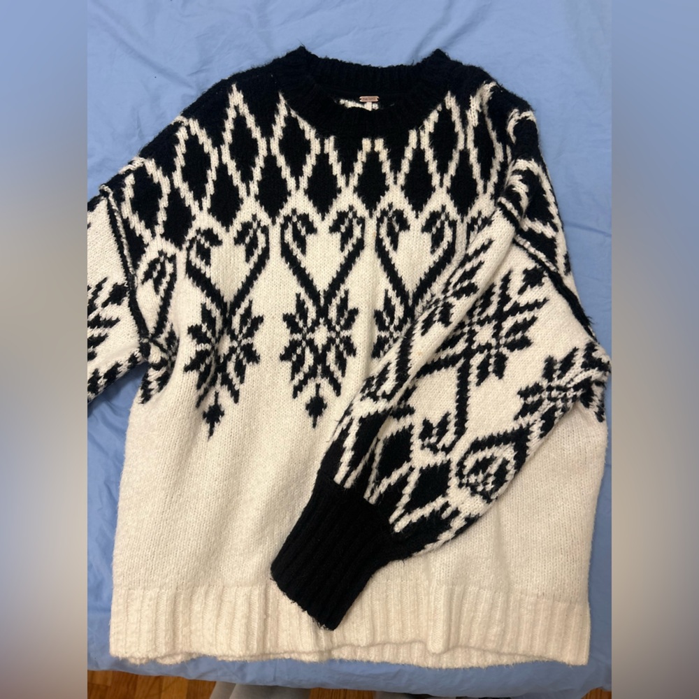 Free People Black & Cream Fair Isle Crewneck Sweater